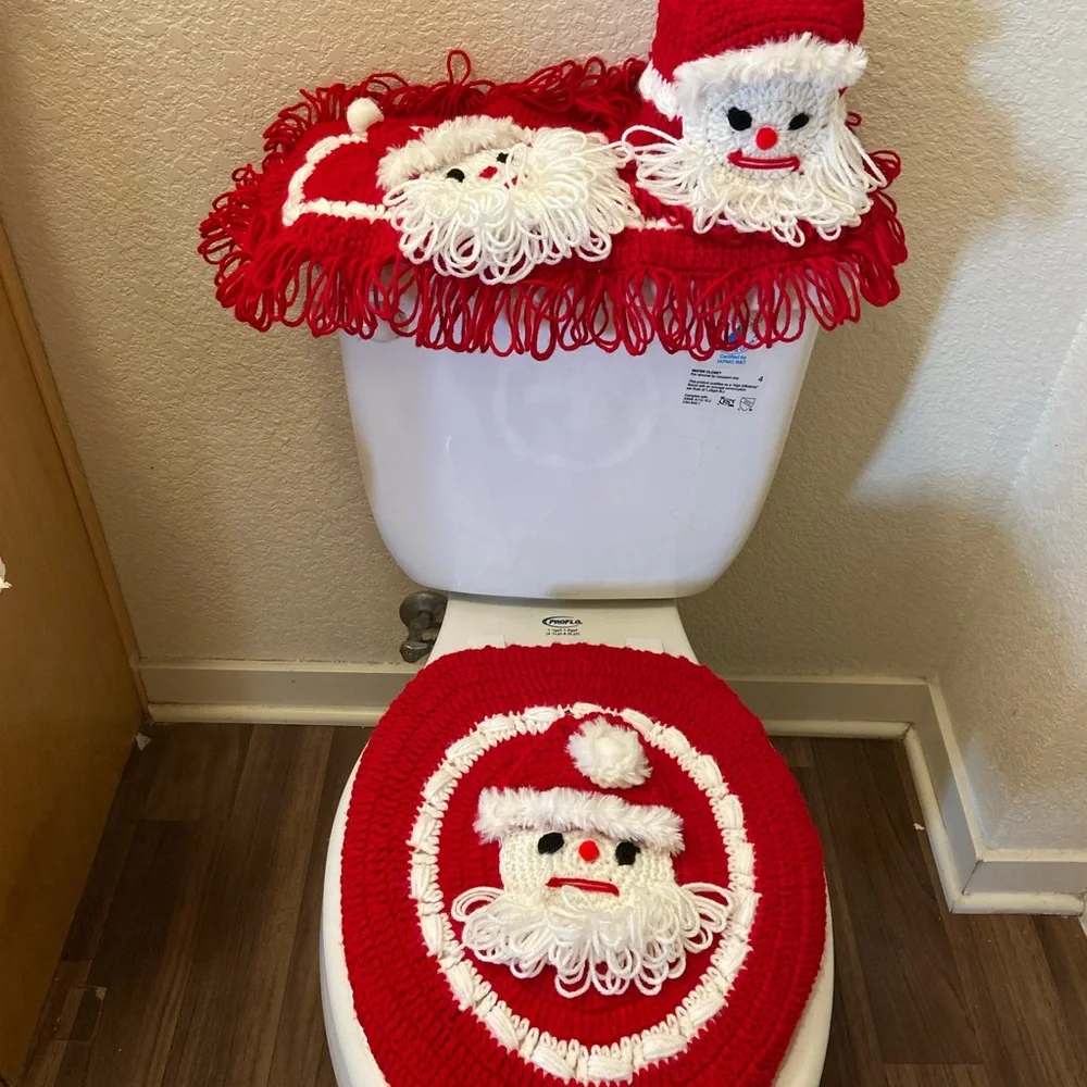 Santa Claus Crochet Door Mat Set - Red and White